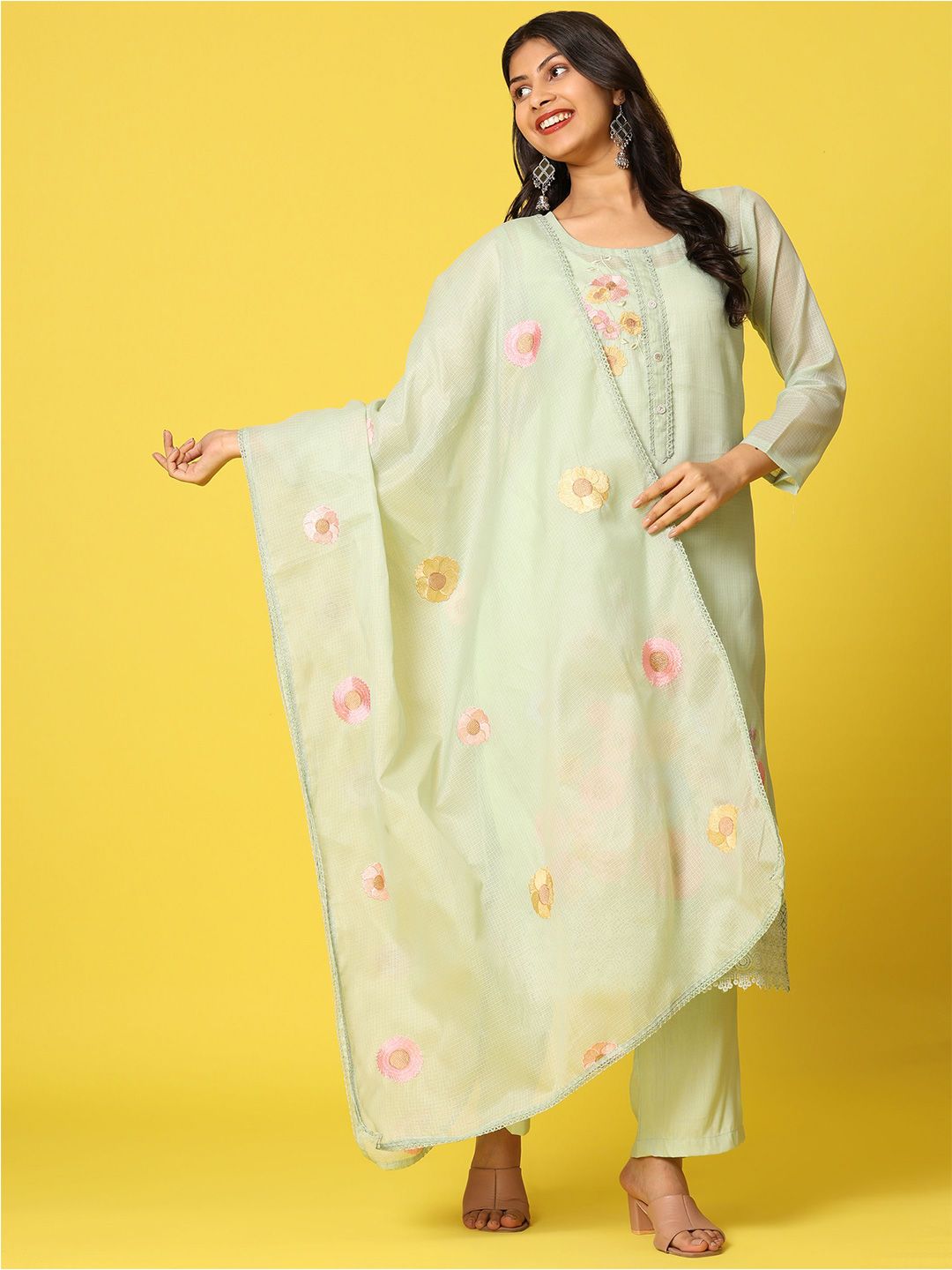 Mamicha Women Floral Regular Pure Cotton Kurta with Palazzos & With Dupatta