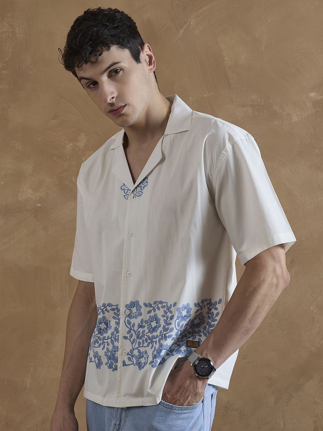 DENNISON Comfort Oversized Floral Print Cuban Collar Hand Block Printed Shirt