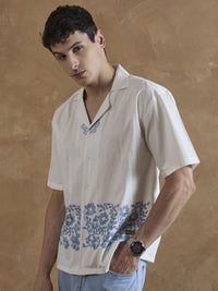 DENNISON Comfort Oversized Floral Print Cuban Collar Hand Block Printed Shirt