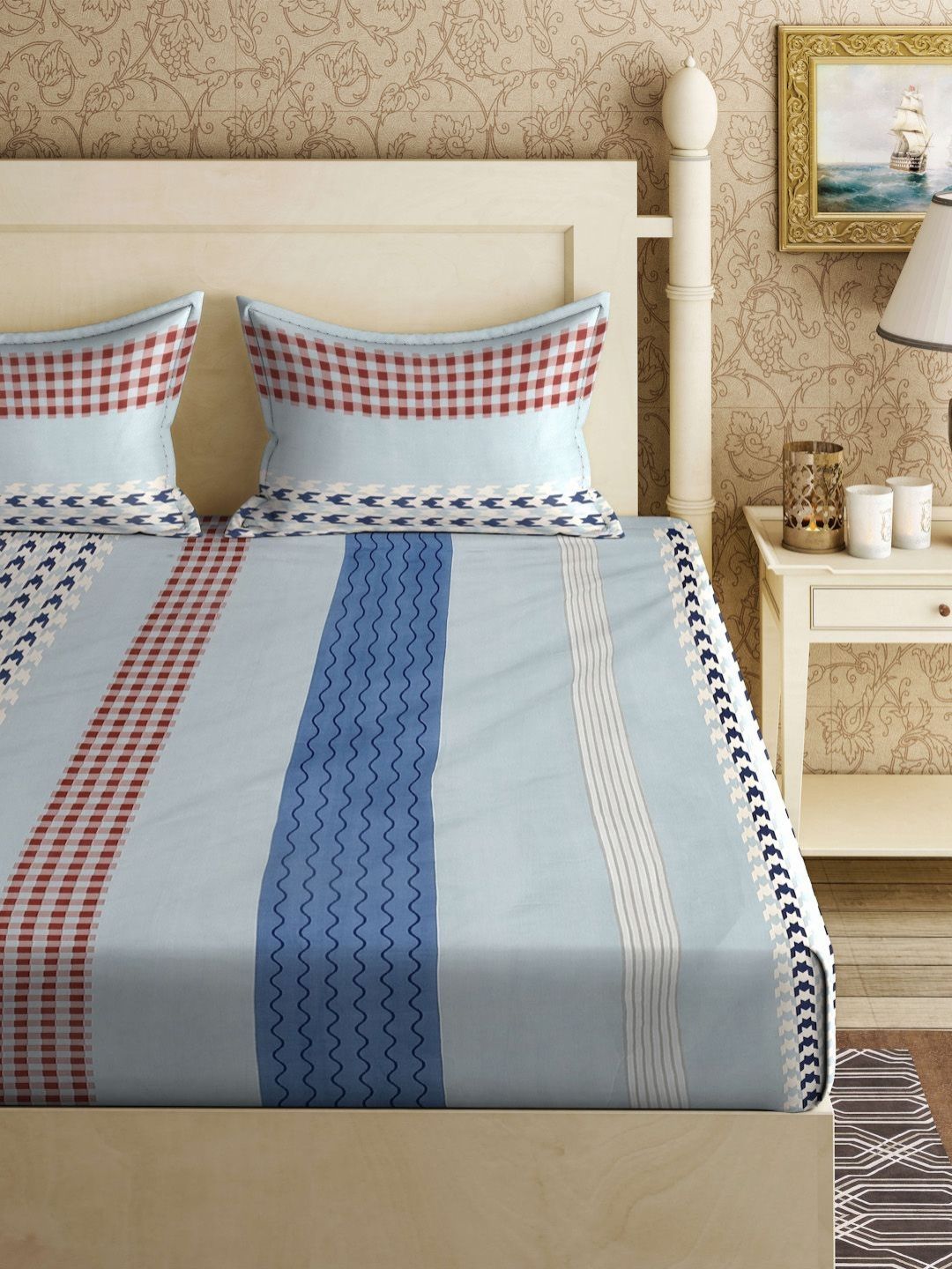 Myntra Elegant Homes Blue Conversational Cotton 300 TC King Fine Bedsheet with 2 Pillow Covers-98 x 89 inches