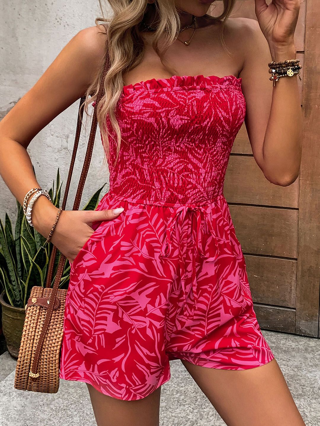 DressBerry Strapless Smocked Tropical Print Playsuit