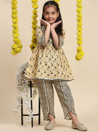 Cutiekins Girls Floral Printed Flared Sleeves A-Line Kurta With Dhoti Pants