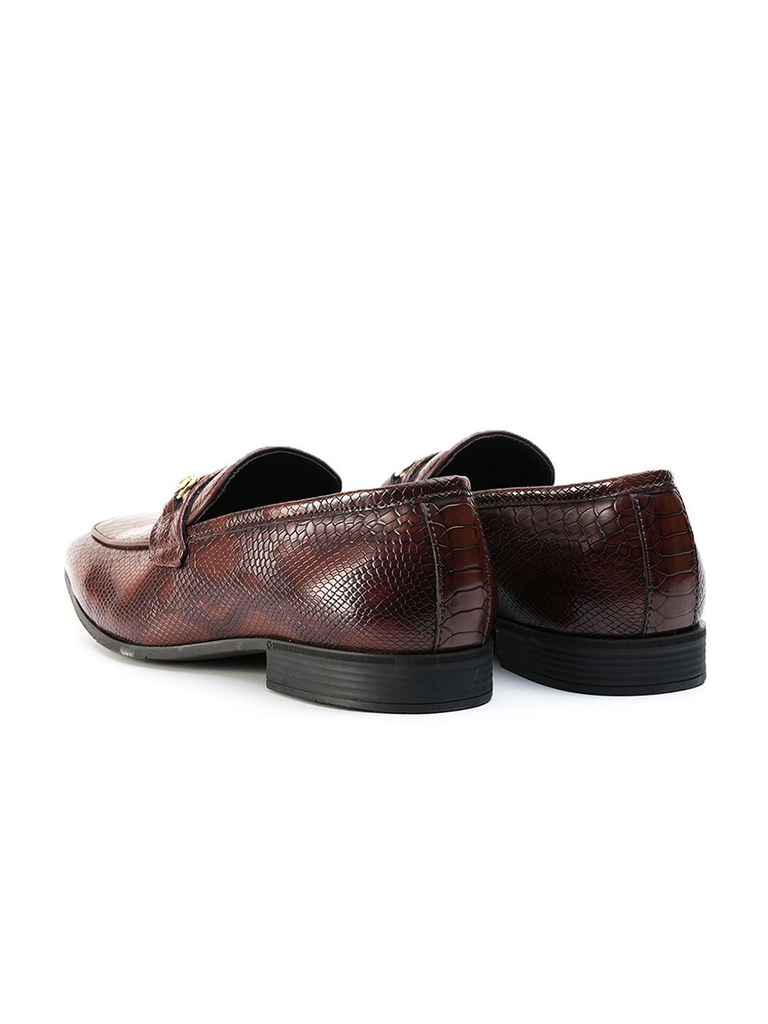 MONKSTORY Men Brown Horsebit Snake-Effect Textured Loafers