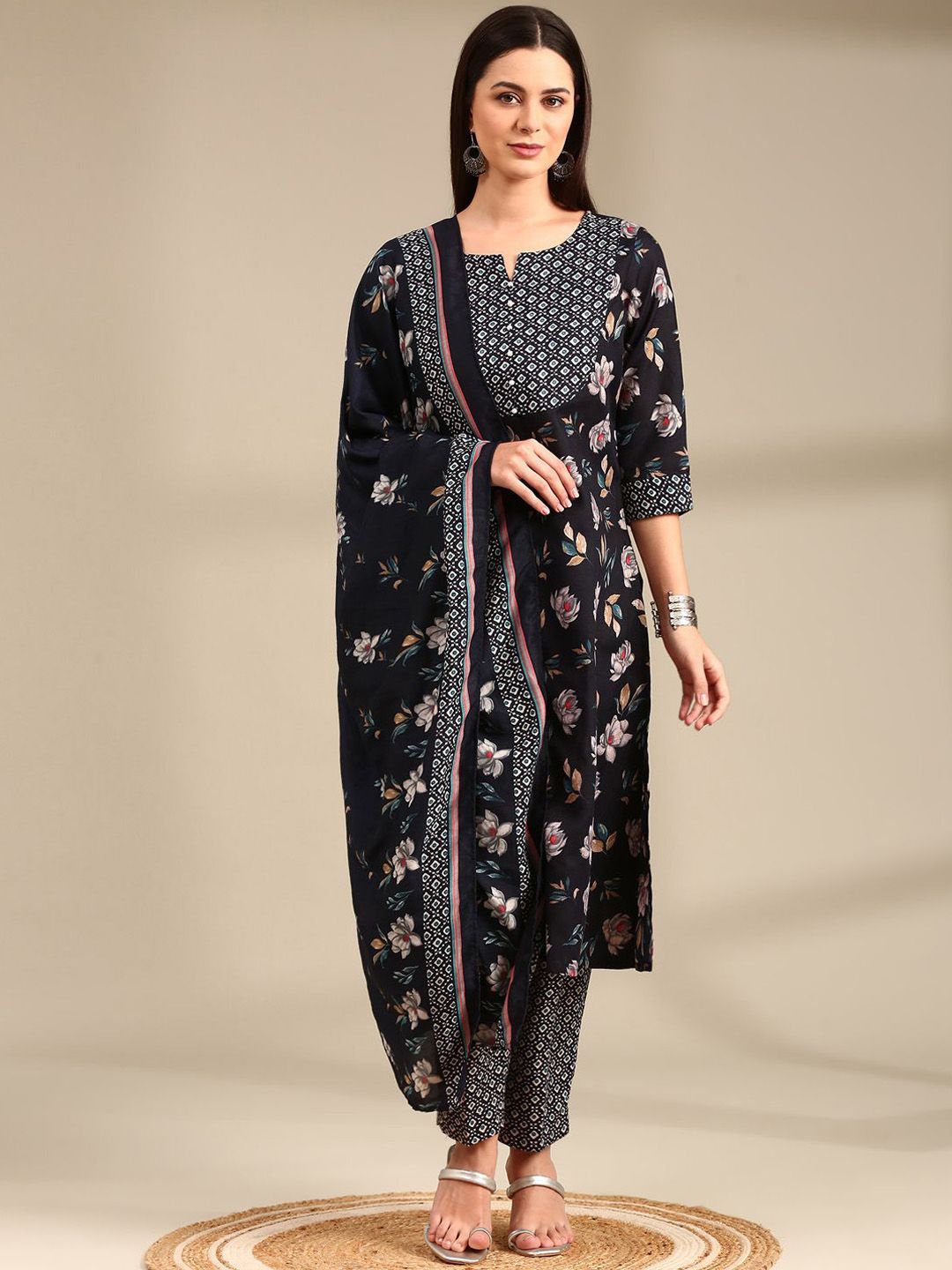 Anouk Navy Blue Floral Printed Notch Neck Straight Kurta with Trousers & Dupatta