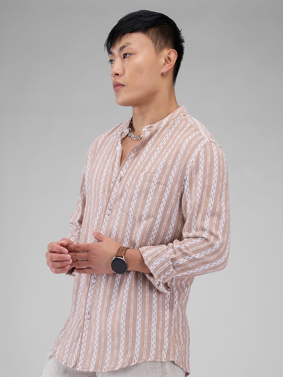 VASTRADO Men Classic Mandarin Collar Vertical Striped Cotton Slim Fit Casual Shirt