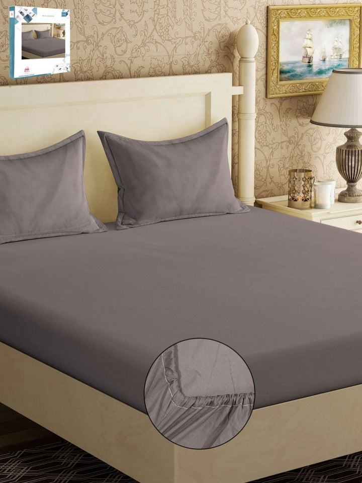 Myntra Elegant Homes Book Fold Grey Polycotton 300 TC Fitted King Fine Bedsheet with 2 Pillow Covers-98 x 89 inches