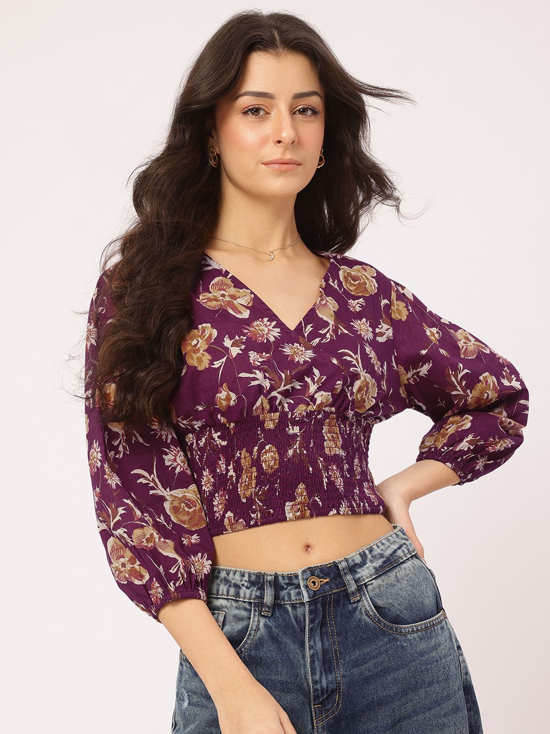 DressBerry Delicate Florals Wrap-Style Blouson Crop Top