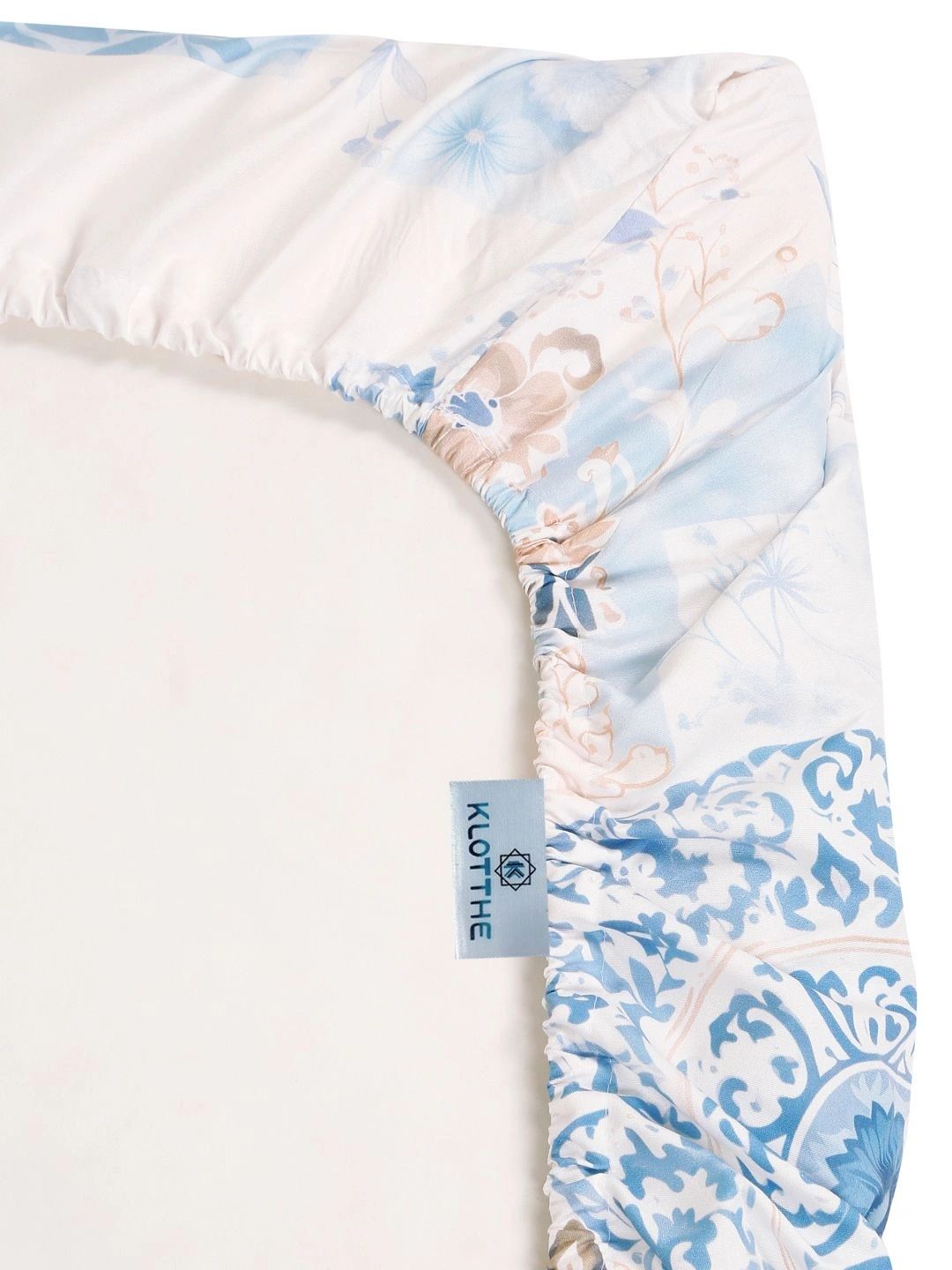 KLOTTHE Blue & White Geometric 400 TC King Bedsheet with 2 Pillow Covers