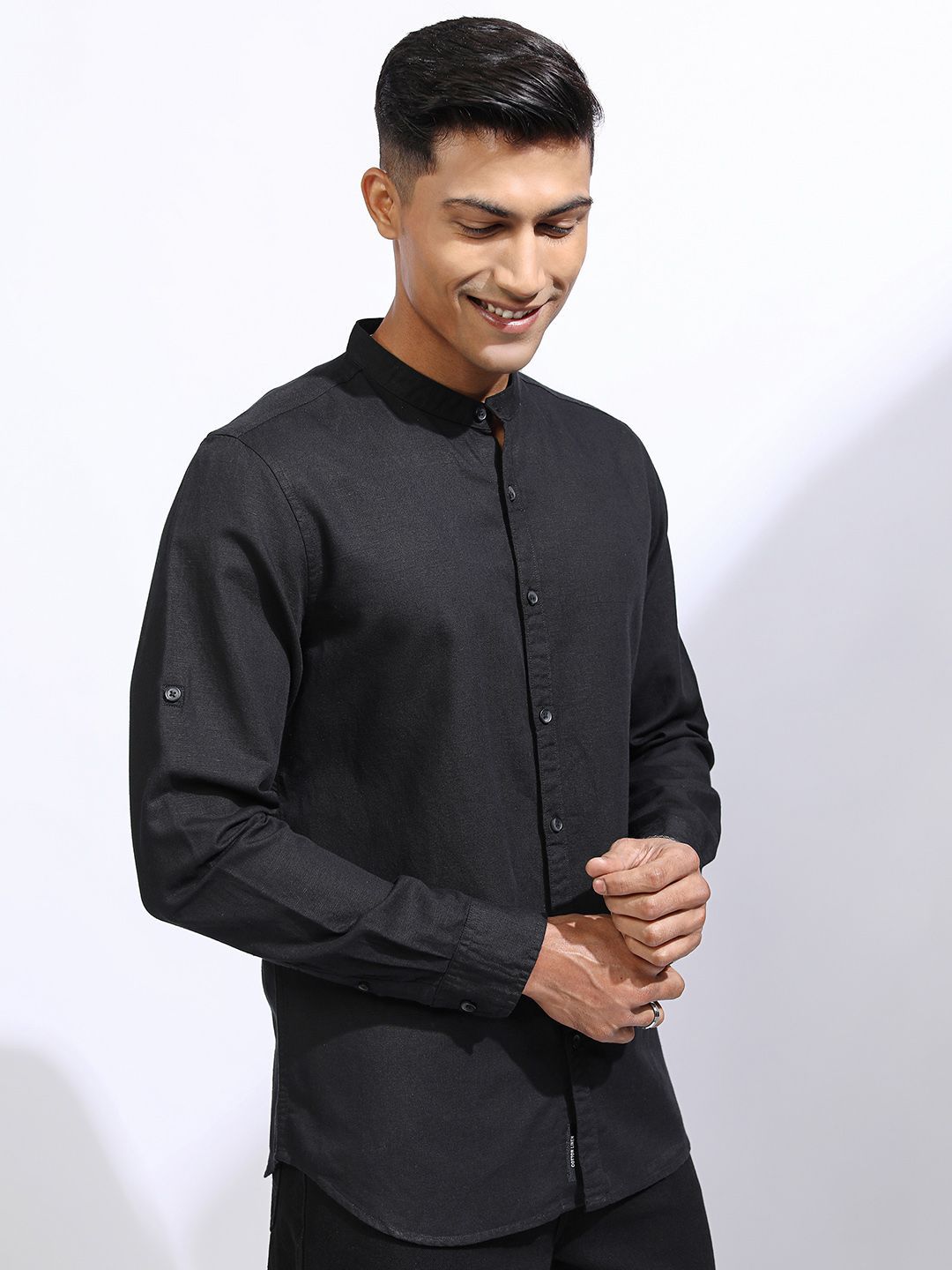 "LOCOMOTIVE Premium Men Cotton Linen Roll-Up Sleeve  Casual Regular Fit Shirt