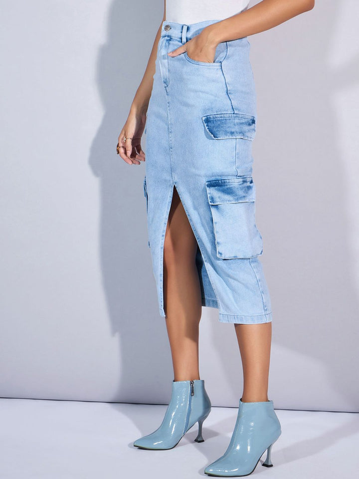 SASSAFRAS Denim High Rise Box Pocket Pencil Midi Skirts