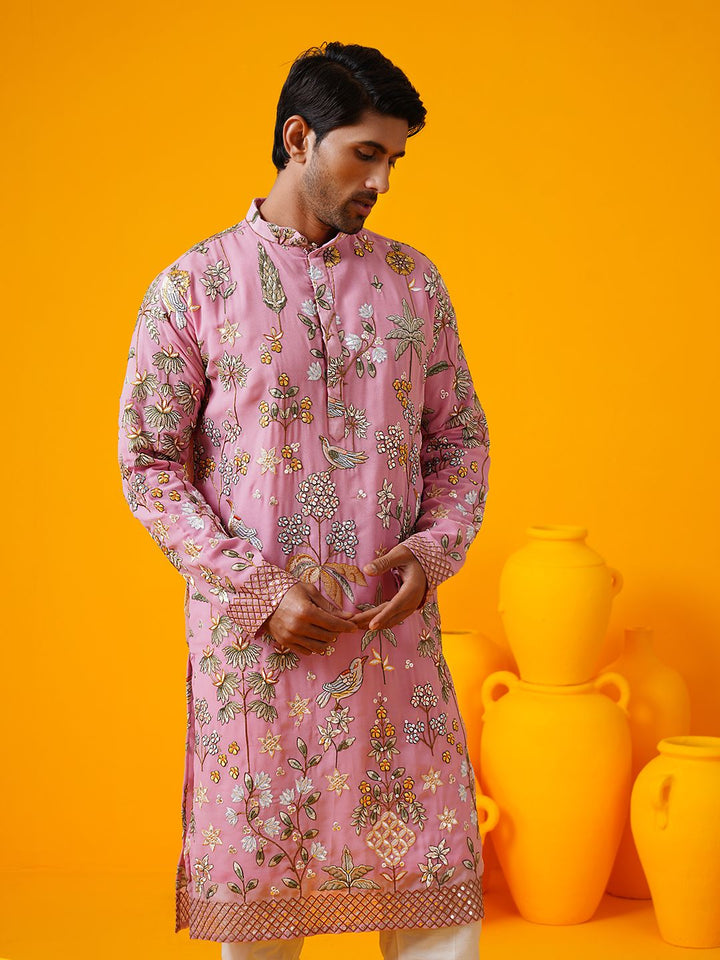 SOJANYA LUXE Floral Embroidered Mandarin Collar Georgette Straight Kurta With Trouser