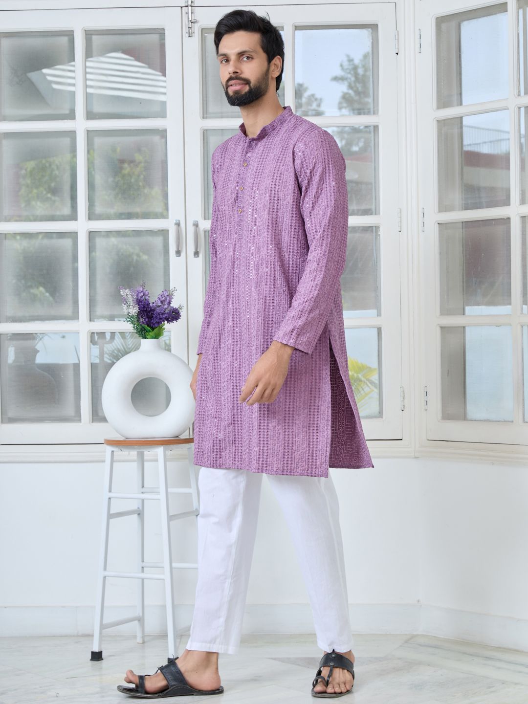 See Designs Floral Embroidered Mandarin Collar Thread Work Straight Kurta