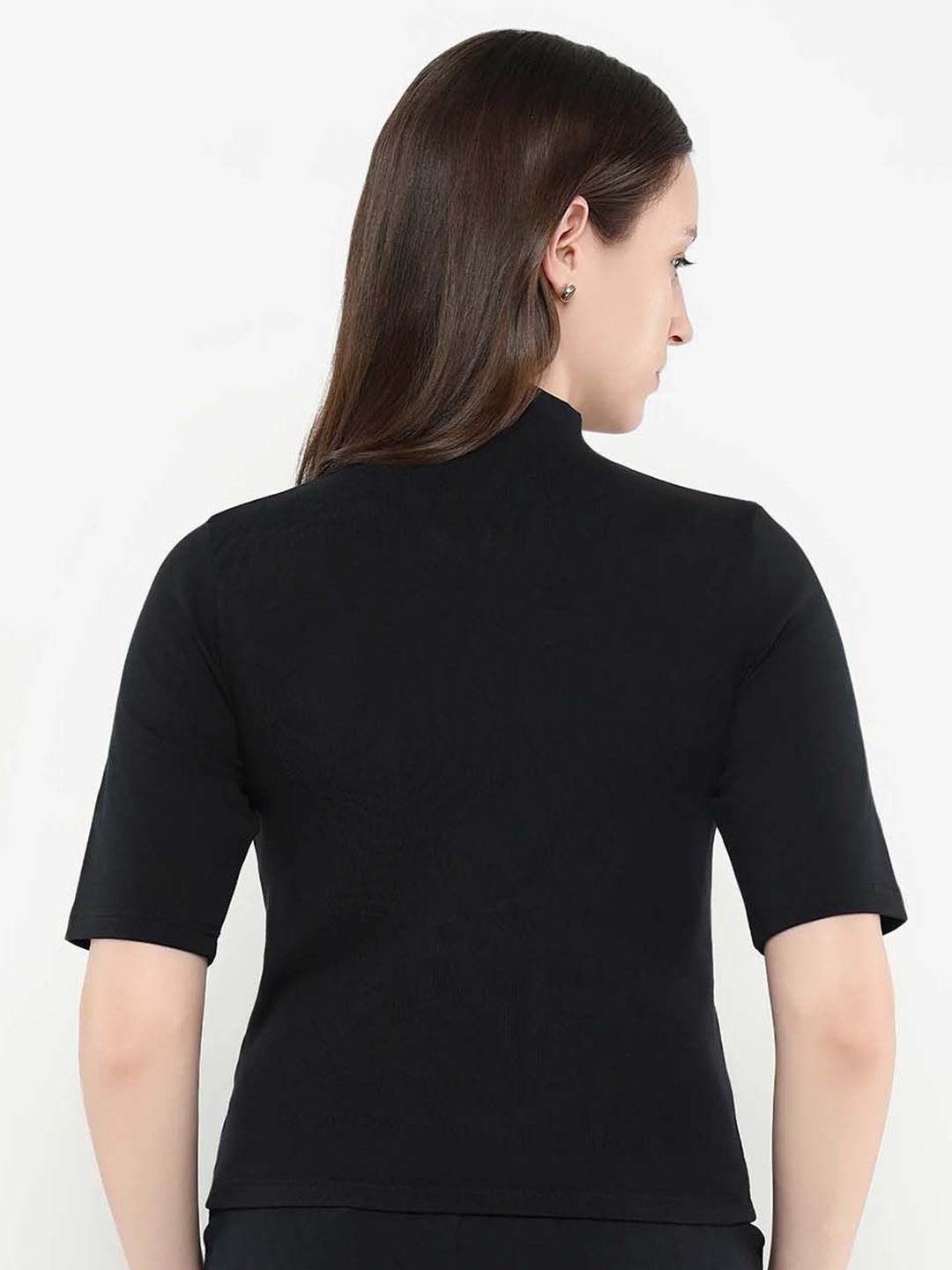 RAREISM Women Solid High Neck Cotton Top