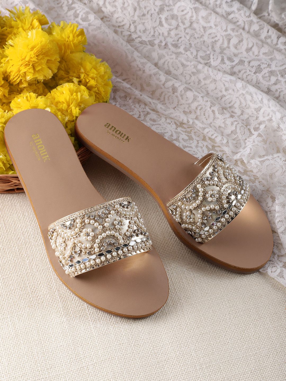Anouk Women Ethnic Motif Embellished Open Toe Flats