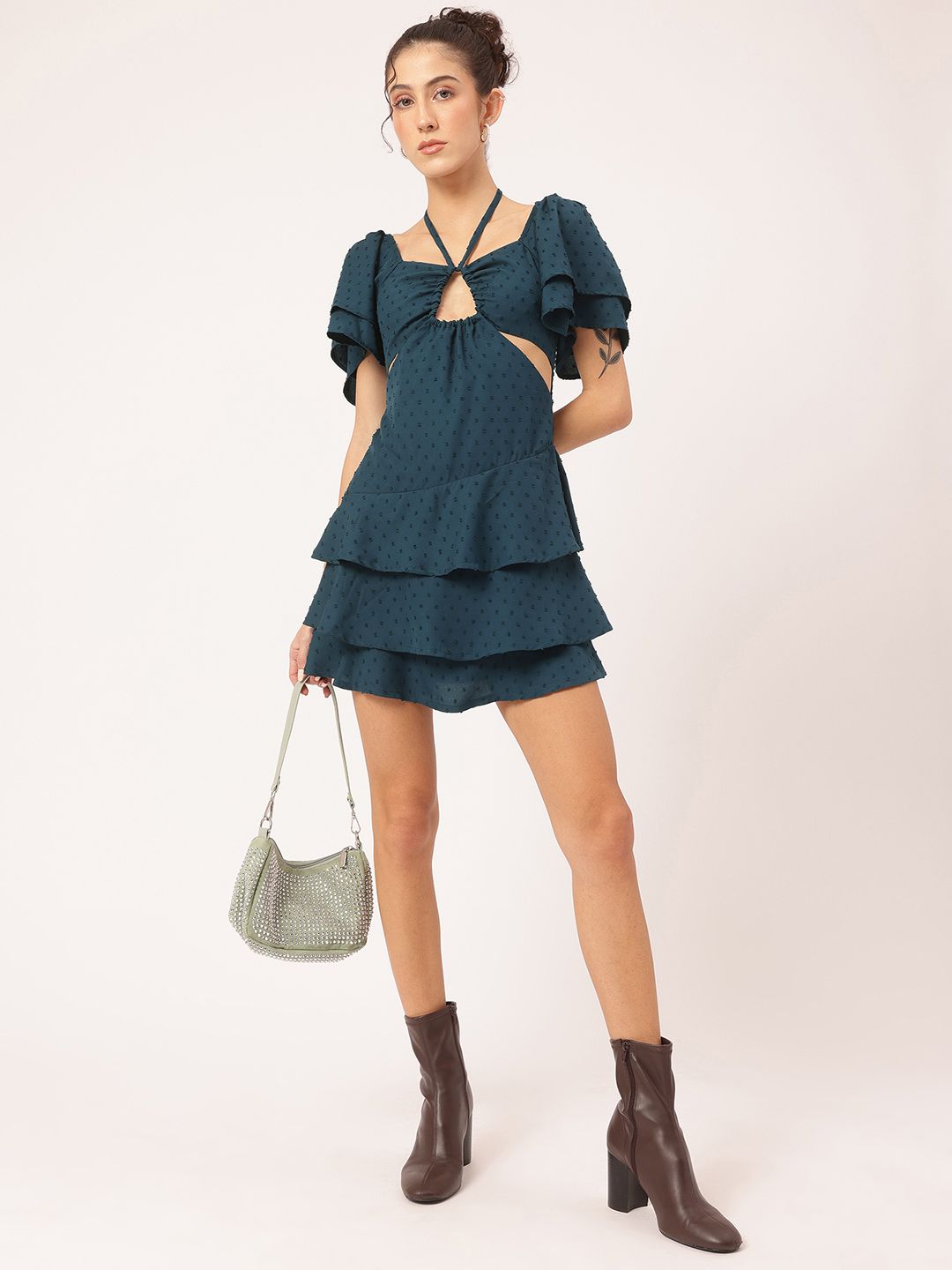 DressBerry Flirty & Fabulous Dobby Cut-Out Tie-Up Sweetheart Neck Layered Mini Dress