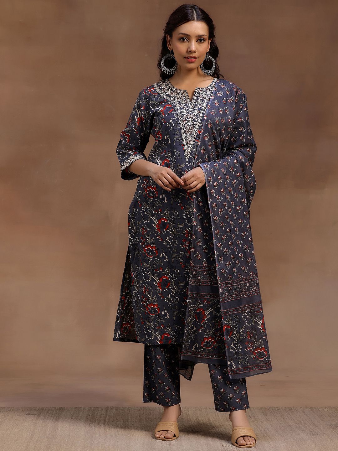 Libas Floral Printed Pure Cotton Straight Kurta With Trouser & Dupatta