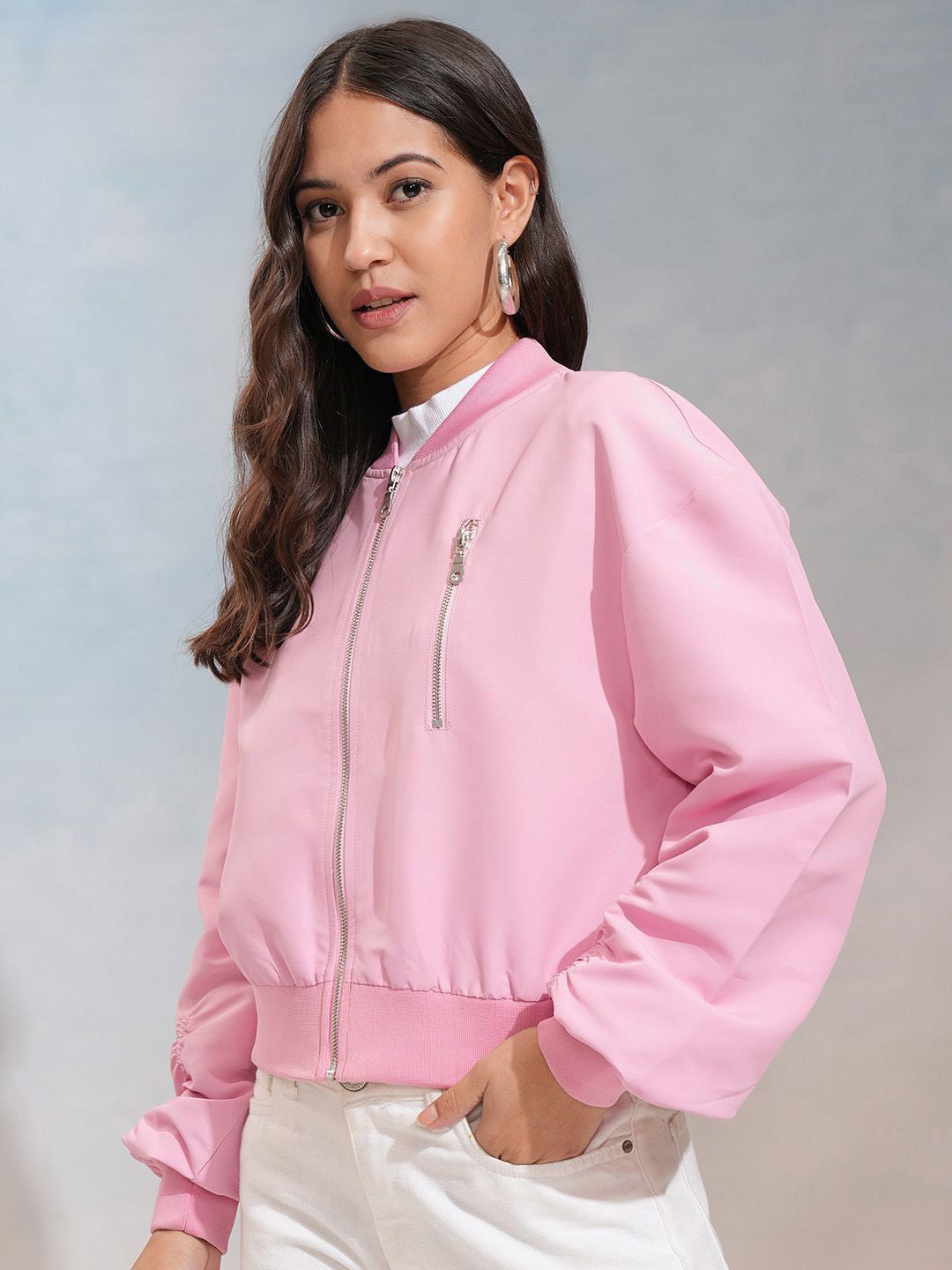 Tokyo Talkies Women Solid Zip Detailing Crop Bomber Jacket