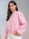 Tokyo Talkies Women Solid Zip Detailing Crop Bomber Jacket