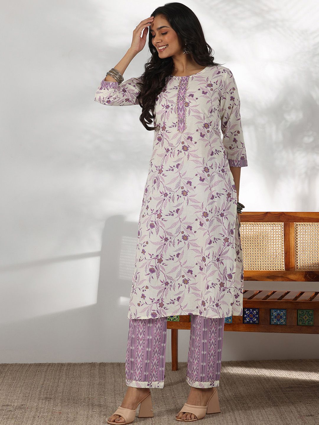 Libas Floral Printed Gotta Patti Pure Cotton Straight Kurta with Trousers & Dupatta