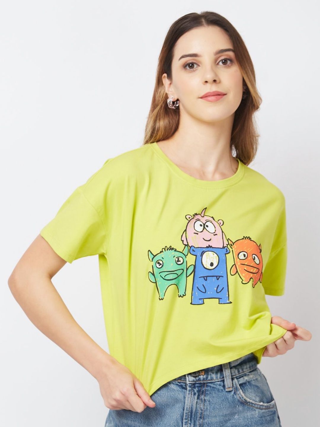 SPYKAR Women Graphic Printed Round Neck Cotton Boxy T-shirt