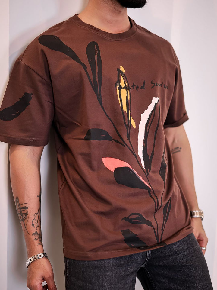 Eszett Lelaki Floral Printed Leher Bulat Kapas Bersaiz Besar T-shirt