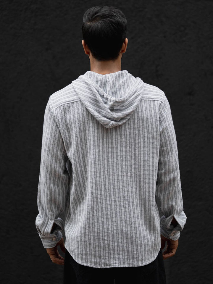 Powerlook Men Hood Vertical Striped Cotton Casual Shirt