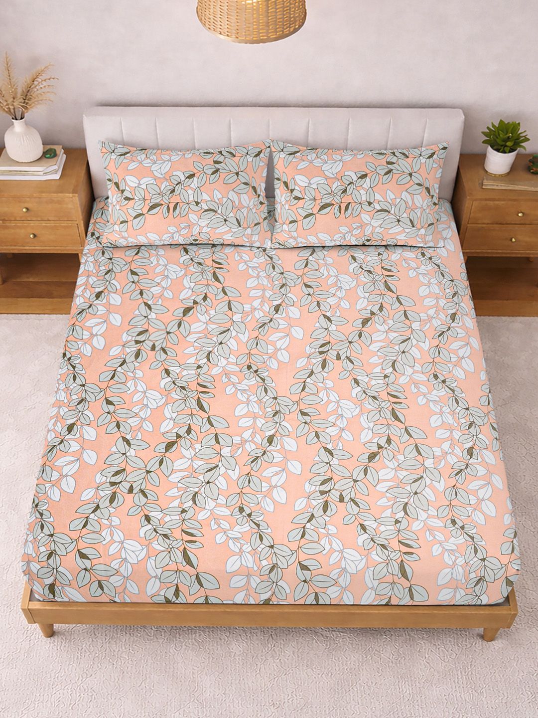 KLOTTHE Oren & Putih Bercetak 300 TC Cadar Katil Double Dengan 2 Sarung Bantal- 2.5 m x 2.25 m