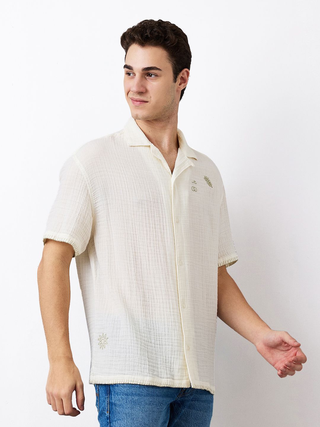 SPYKAR Men Relaxed Fit Cuban Collar Textured Cotton Casual Shirt