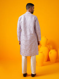SOJANYA LUXE Geometric Embroidered Mandarin Collar Cotton Silk Straight Kurta With Trouser