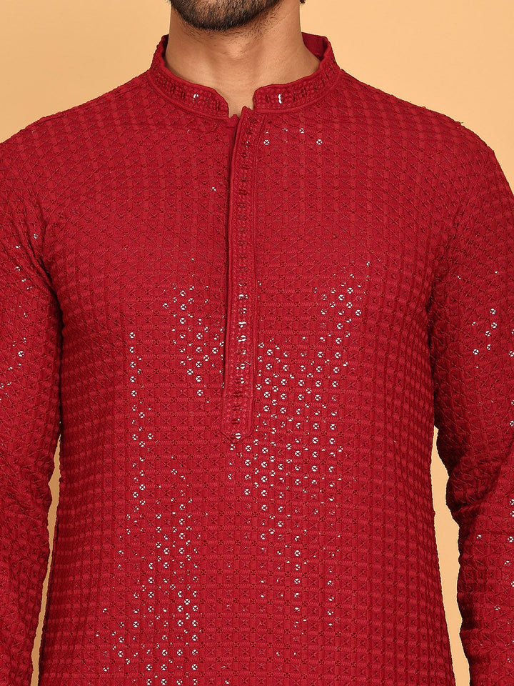 Jompers Floral Embroidered Mandarin Collar Sequinned Straight Kurta With Pyjama