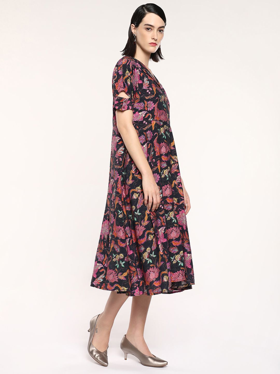 RAREISM Floral Printed Short Sleeves A-Line Midi Dress