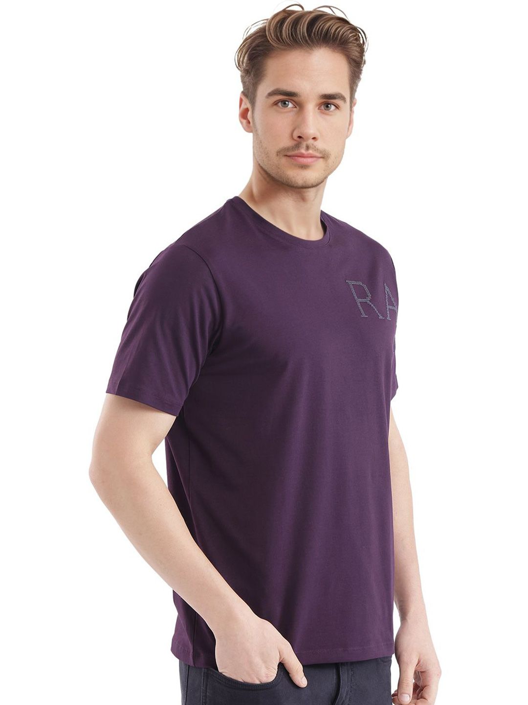 RARE RABBIT Men Solid Round Neck Cotton T-shirt