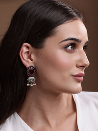 PANASH Silver Plated Cubic Zirconia Studded Oxidized Drop Earrings