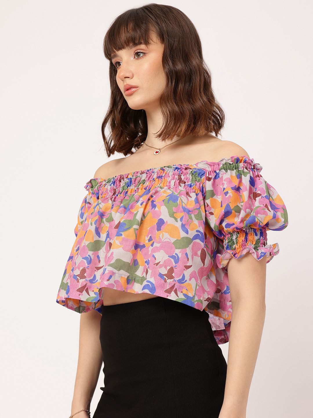 DressBerry Dainty Details Floral Print Smocked Bardot Top
