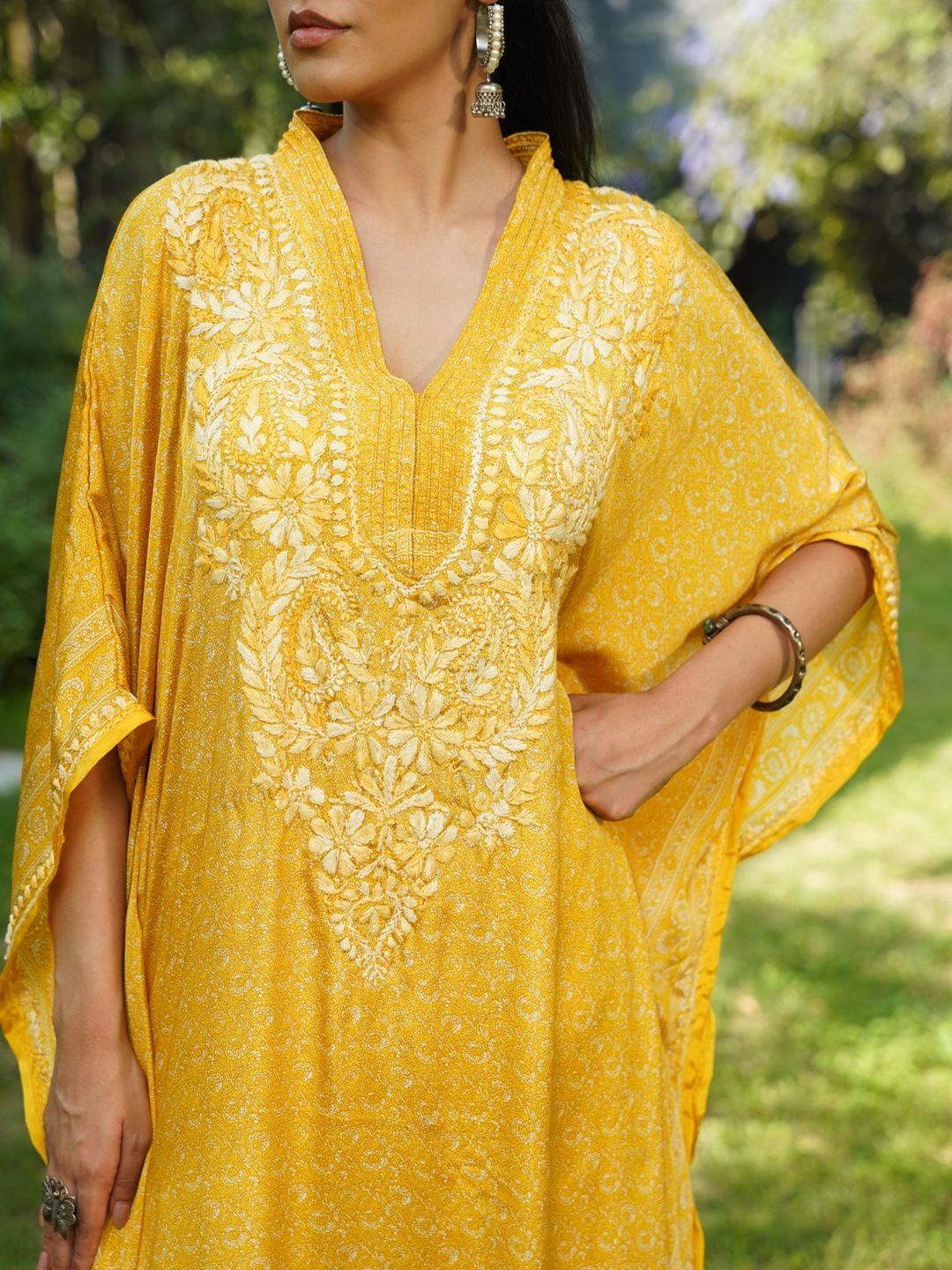House of Chikankari Women Printed Chikankari Crepe Kaftan Kurta