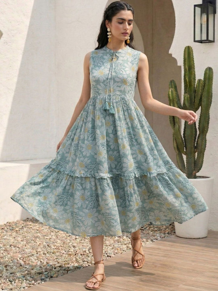 Pakaian Midi A-Line Cetakan Bunga Mamicha Ikat Leher Crepe