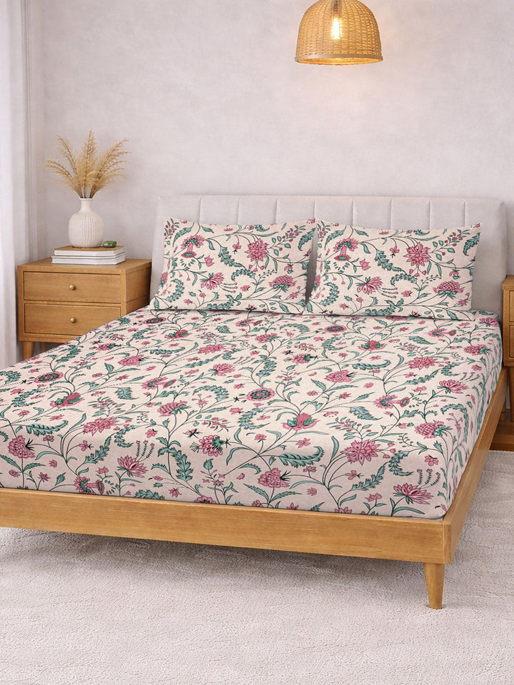 KLOTTHE Beige & Pink Printed 300 TC Double Bedsheet With 2 Pillow Covers- 2.5 m x 2.25 m