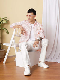 The Indian Garage Co Men White & Peach-Coloured Floral Printed Casual Shirt