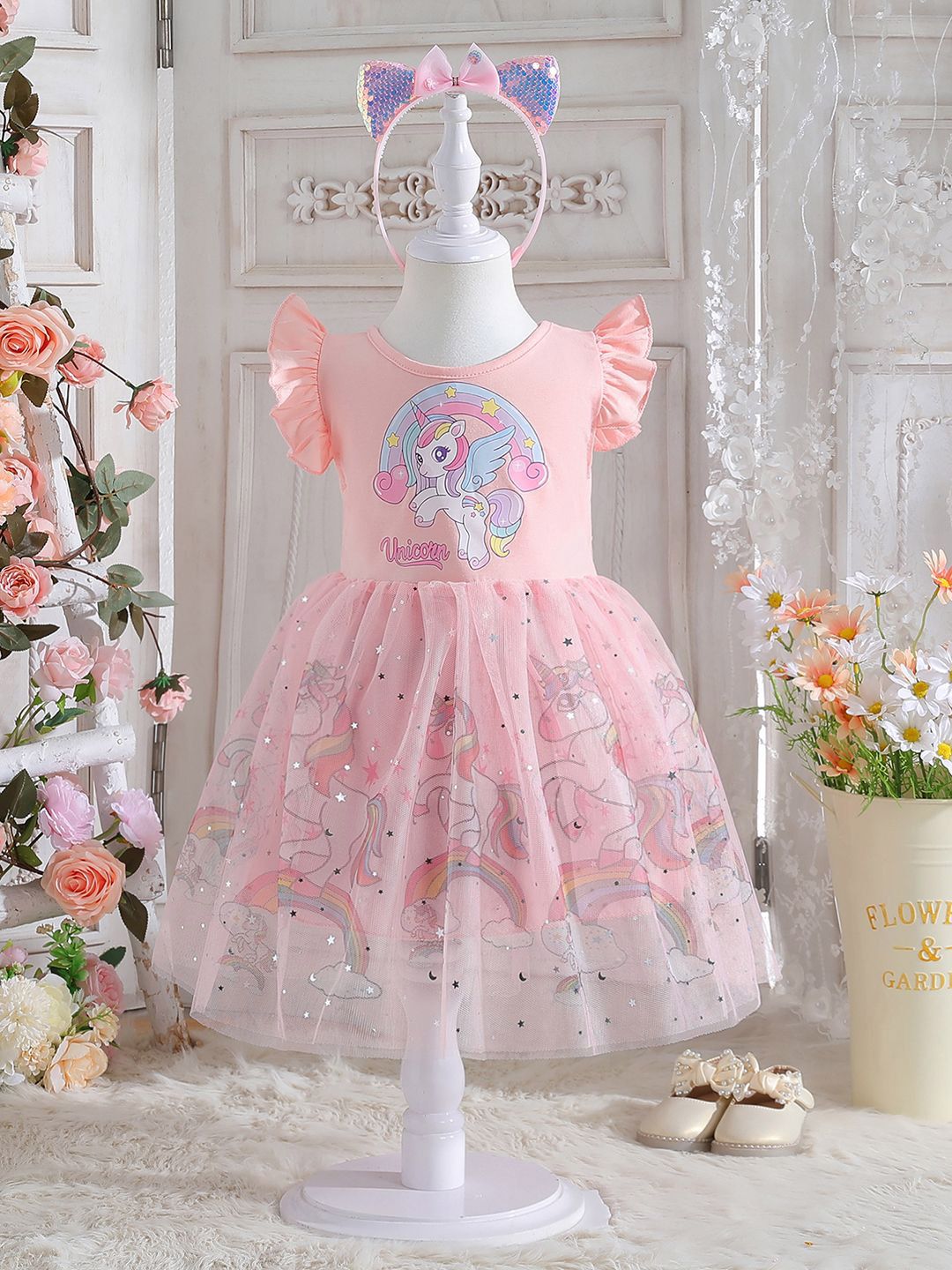 YK Girls Floral Printed Flutter Sleeve A-Line Dress