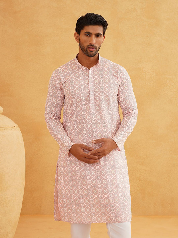 SOJANYA Chikankari Embroidered Band Collar Pure Cotton Straight Long Kurta