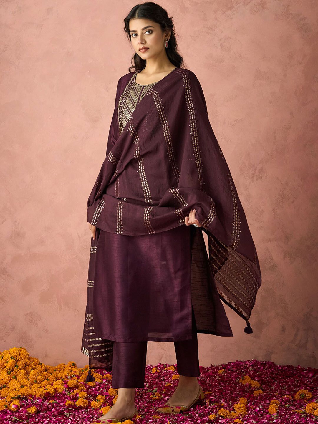 KALINI Floral Yoke Design Sequinned Straight Kurta with Trousers & Dupatta