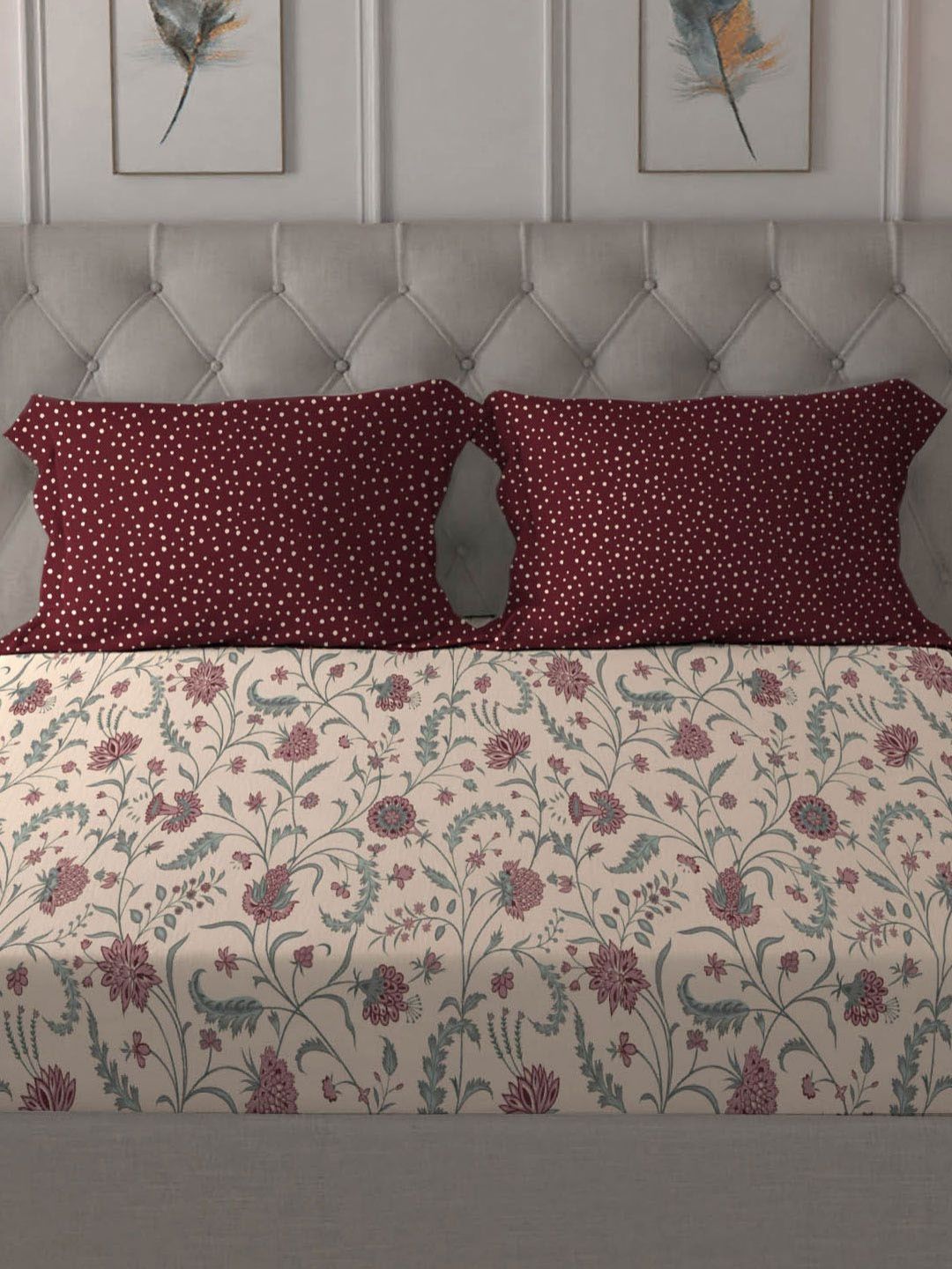 MYTRIDENT Coromandel Red Dusk & Dawn Flat 144TC Queen Cotton Bedsheet Set