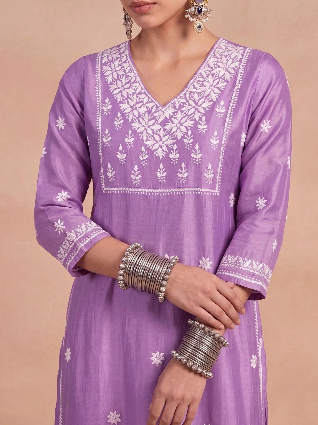 House of Chikankari Women Lavender Chanderi Chikankari Embroidered Kurta