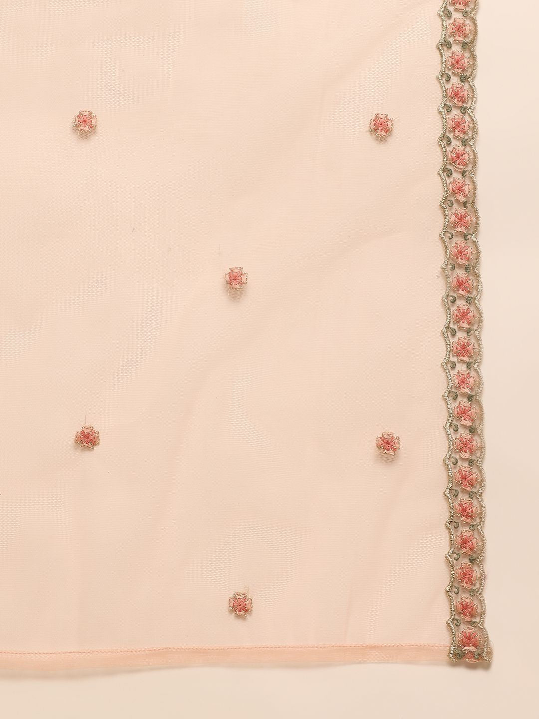 Anouk Peach-Coloured Floral Embroidered Sequinned Straight Kurta With Trousers & Dupatta