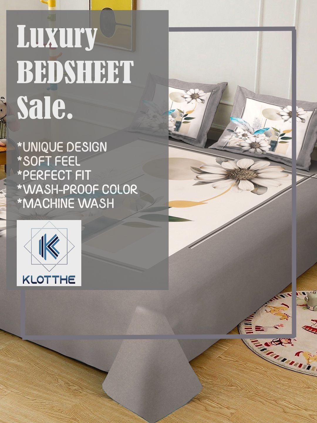 KLOTTHE Grey & White Printed 400 TC King Bedsheet With 2 Pillow Covers-98.4 x 88.5 Inch
