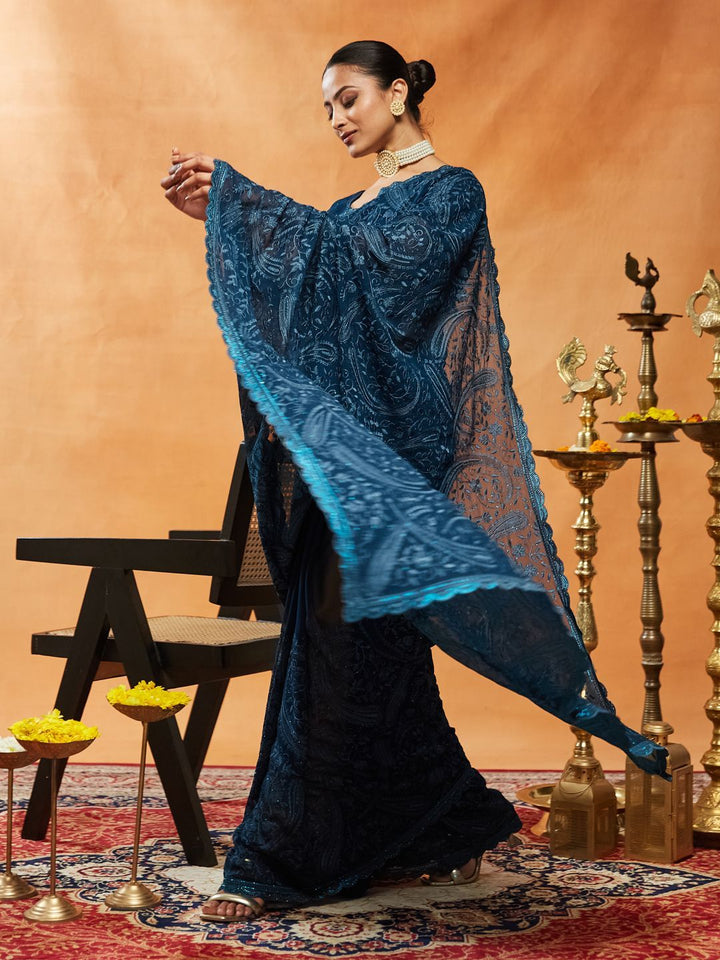 kasee Tenunan Design Bersulam Tulen Georgette Saree