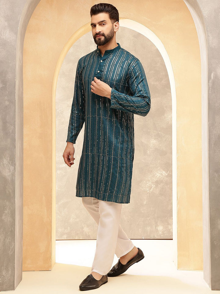 Anouk Blue Striped Embroidered Sequinned Mandarin Collar Pure Cotton Kurta With Pyjama