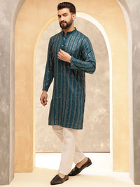 Anouk Blue Striped Embroidered Sequinned Mandarin Collar Pure Cotton Kurta With Pyjama