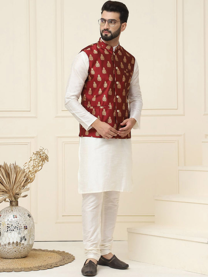 SOJANYA Mandarin Collar Silk Cotton Straight Kurta with Churidar & Nehru jacket