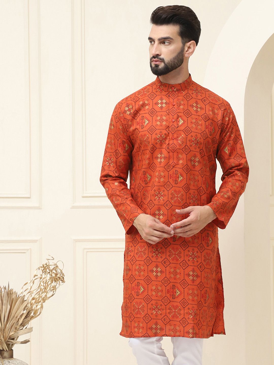 SOJANYA Motif Etnik Bercetak Kolar Jalur Kurta Lurus